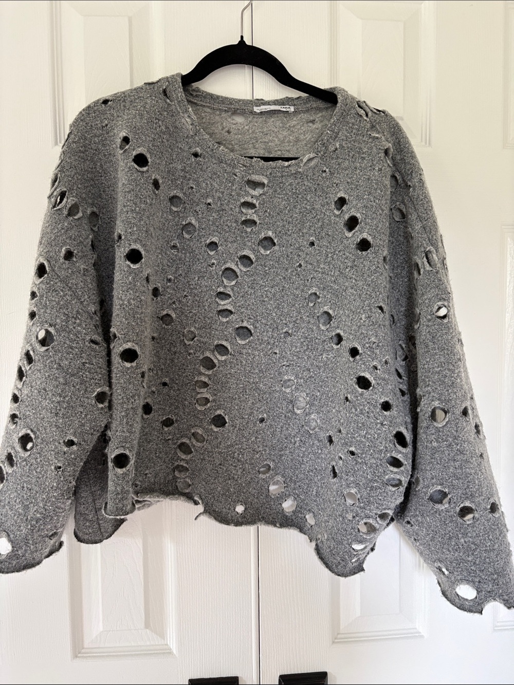Zara Gray Distressed Crewneck Sweater